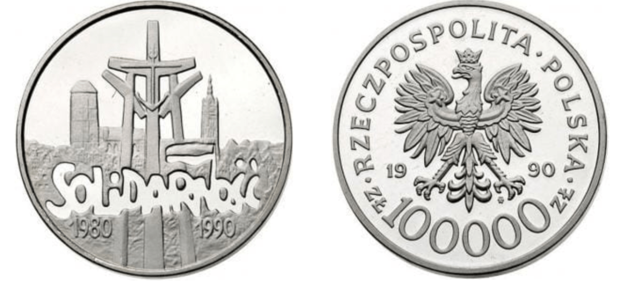 Moneta 1990 100000 zł Solidarność o średnicy 32 mm